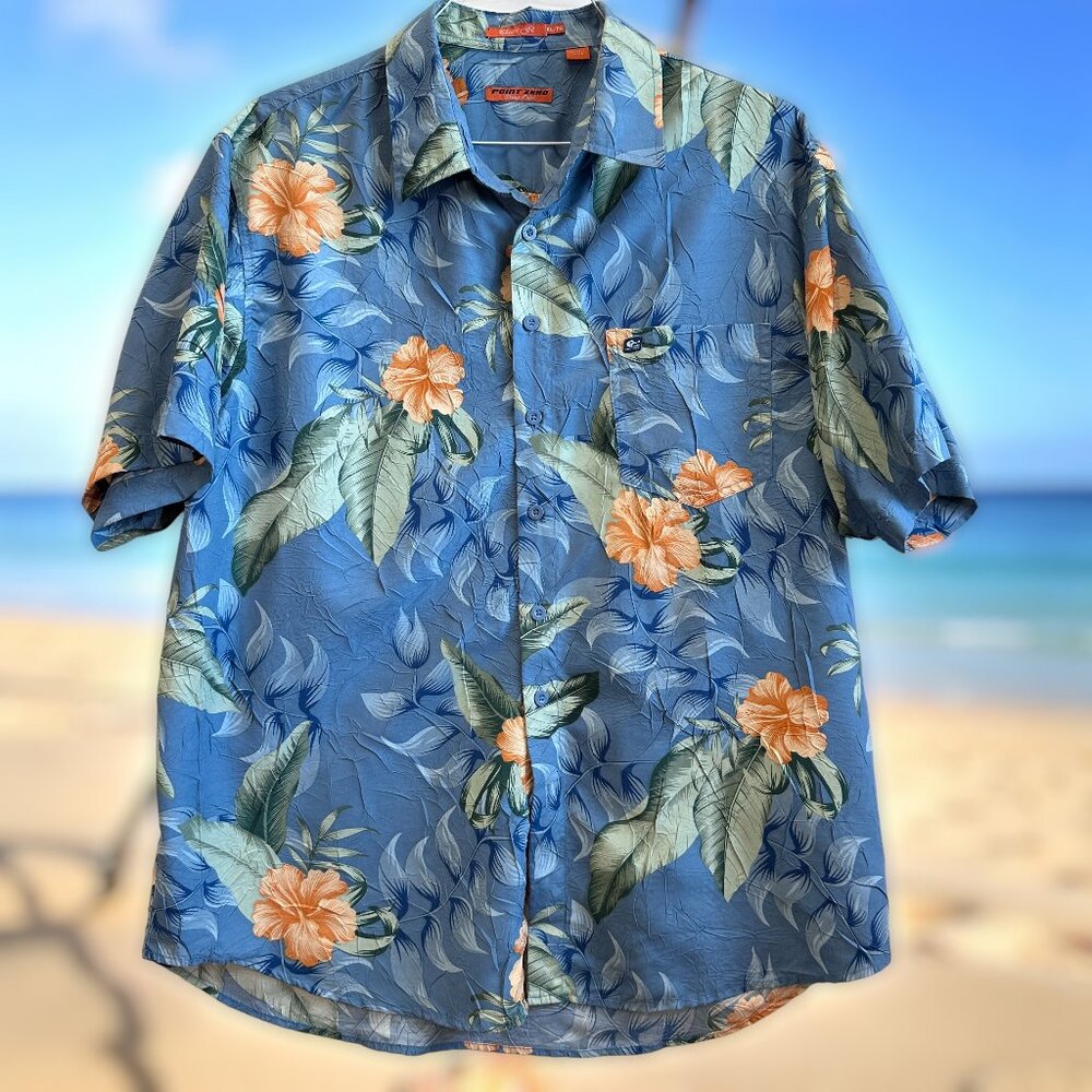 Vintage 90s-Y2K Point Zero Orange Label Hawaiian Shirt XL Blue Floral Hibiscus